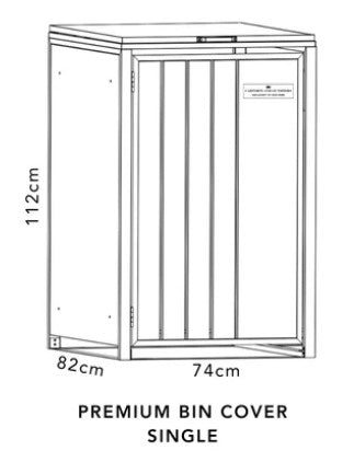 Single-bin cover dimension diagram: 112 cm high, 74 cm wide and 82 cm deep