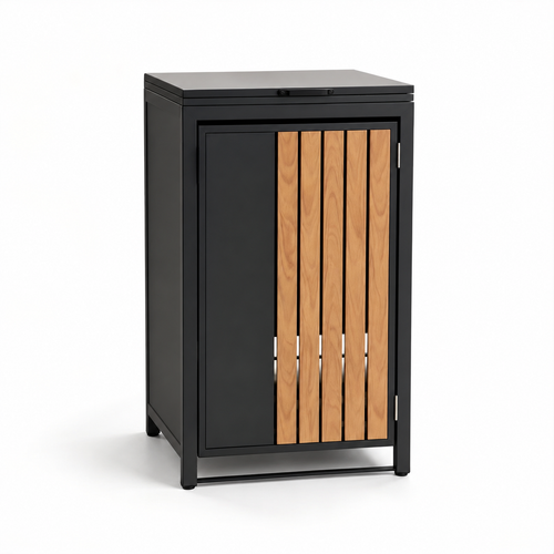 Single wheelie-bin cover with a closed soft-close top lid and timber-look slatted front door