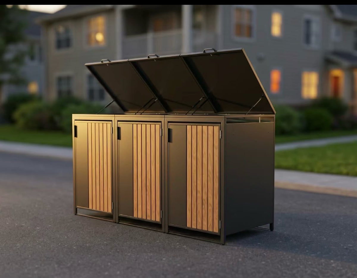 Three-bin cover outdoors with all three hinged top lids lifted