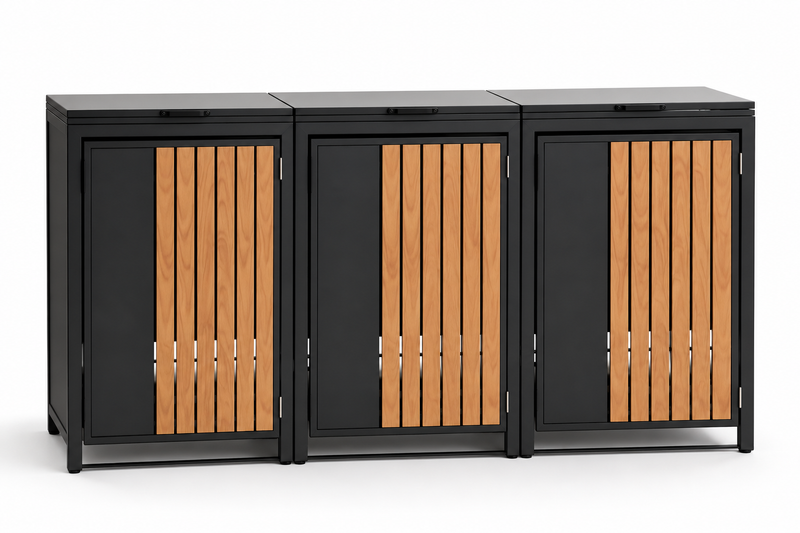 Triple wheelie-bin cover with three closed top lids and timber-look slatted front doors