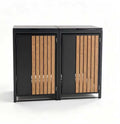 Two-bin cover with closed lids, dark frame and timber-look slatted front doors