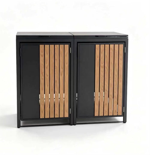 Two-bin cover with closed lids, dark frame and timber-look slatted front doors