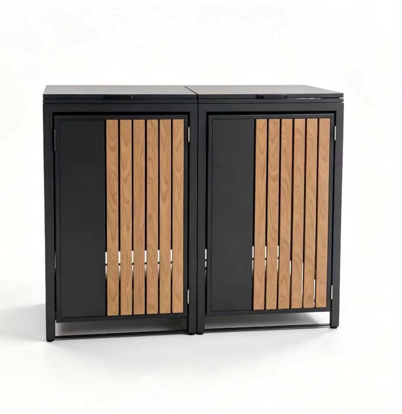 Two-bin cover with closed lids, dark frame and timber-look slatted front doors