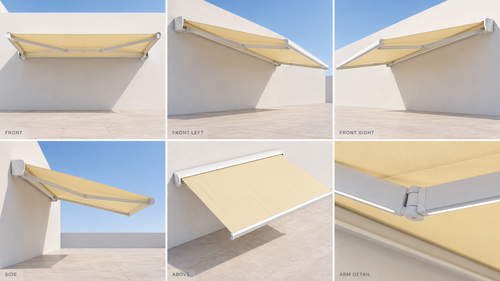 Illustrative cream folding-arm awning in daylight: front, left, right, side, above and arm detail