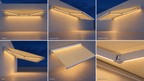 Illustrative cream folding-arm awning at night with warm LED strips along the arms and housing