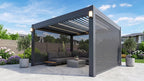 Charcoal louvre roof structure with open roof blades and grey mesh side blinds; illustrative product view