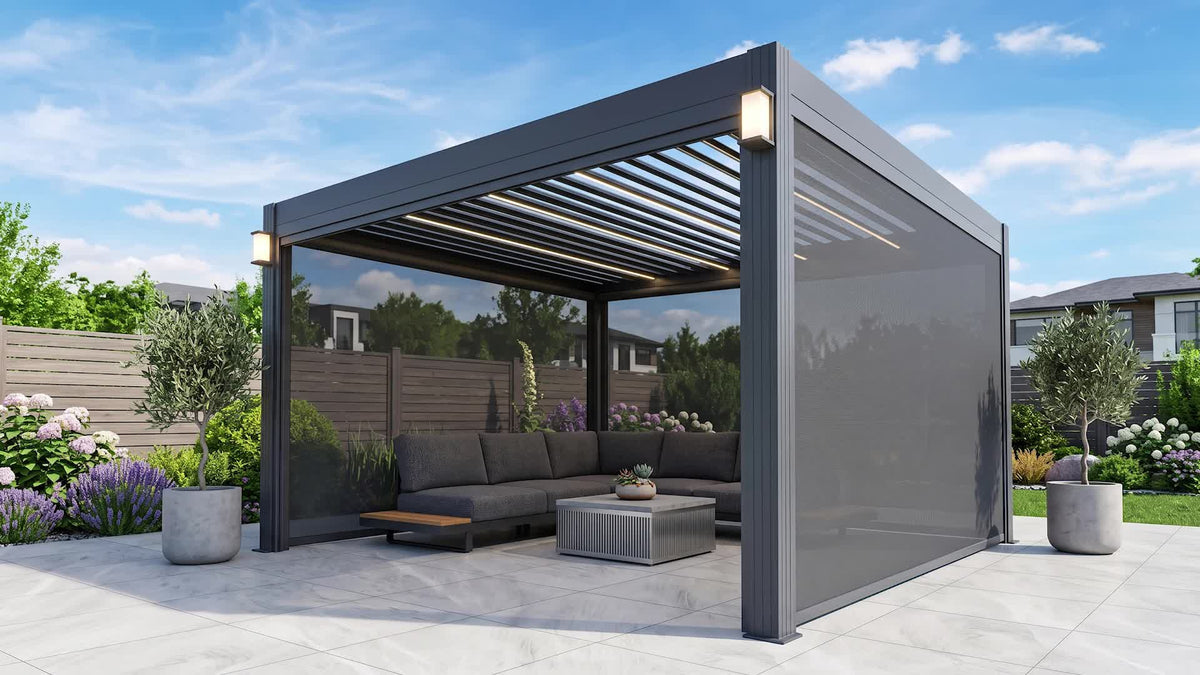 Charcoal louvre roof structure with open roof blades and grey mesh side blinds; illustrative product view