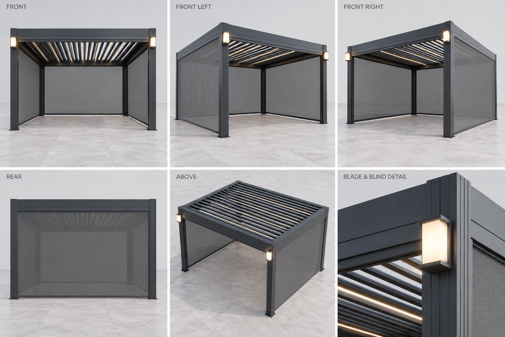 Illustrative charcoal louvre roof with integrated mesh blinds shown from six angles