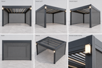 Illustrative charcoal louvre roof with integrated mesh blinds shown from six angles