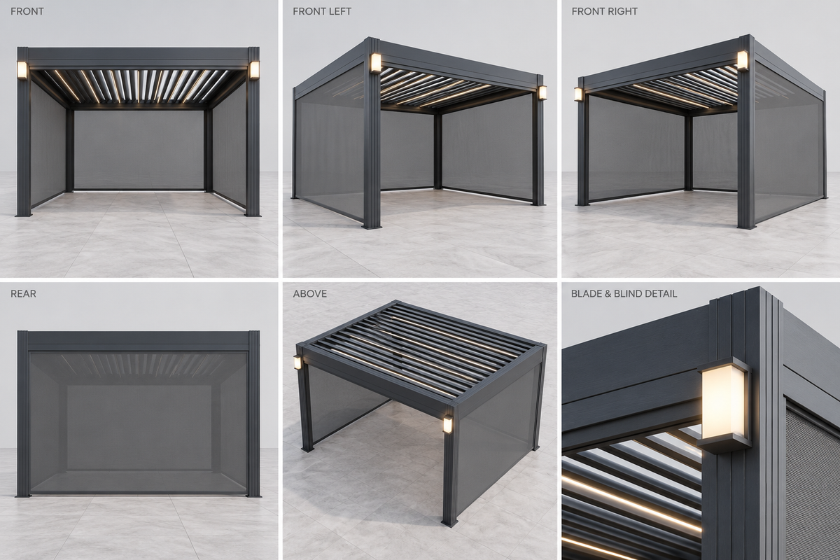 Illustrative charcoal louvre roof with integrated mesh blinds shown from six angles