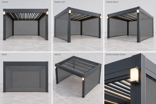Illustrative charcoal louvre roof with integrated mesh blinds shown from six angles
